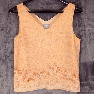 Liz Claiborne Blouse Womens 12 Peach Silk Sleeveless V Neck Embroidered Hem